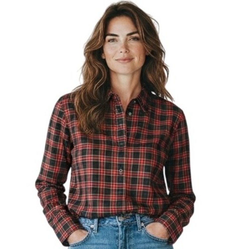 Tommy Hilfiger Women's Red Black Plaid Silk Button Down Shirt Size 16